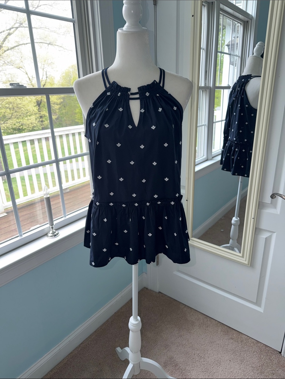 LOFT Navy Blue Halter Peplum Tank with White Dot Embroidery